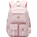 Close-up of pink backpack showing functional front pockets and decorative fashion badges - Bare Bag / Pink