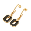 Boucles d'oreilles géométriques dorées avec pendentif en émail noir et zircon - Style Géométrique Or (KE101364-KFC)