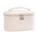Cream white makeup bag with vertical stitching, handle, and round double metal zippers - Beige