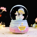 Swan music box with crystal ball and pink blue gradient base with dreamlike star details - 2532 Blond Hair / Large 100mm Snow + Light