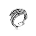 Adjustable silver feather ring with vintage oxidized finish on a white background - Vintage Feather