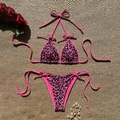 Pink leopard print two-piece bikini set with adjustable side ties and floral decor - XS / Rose Red Leopard