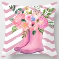 Pink rain boots floral pillowcase with watercolor bouquet on wavy striped background - 45x45cm(Cover Only) / Rain Boots Floral Style (LTD351-8)