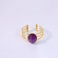 Golden multi-layer stainless steel open ring featuring a purple oval gemstone inlay - Geometric Triple Ring Open Style / Purple Crystal