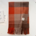 Thick warm plaid scarf in brown and orange tones with stylish fringe and patch detail - Coffee Red