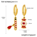 Detailed view of Christmas candy cane earrings in gold stainless steel with red zircon - Garnet Christmas Multi-Element Earrings (TXF187)