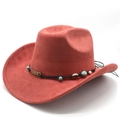 Detailed side view of brick red suede cowboy hat with turquoise beaded ethnic band - M (56-58cm) / Brick Red (KK-058)