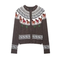 Cardigan da donna marrone con motivi jacquard nordici bianchi e scollo rotondo a cinque bottoni - S / Jacquard marrone