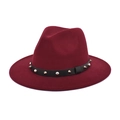 Detail of burgundy fedora hat with punk style black leather strap and silver studs - M (56-58cm) / Burgundy