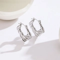 Polished silver twisted hoop earrings made of titanium steel with a minimalist design - Steel Color Twisted Square