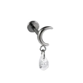 Silver titanium heart labret stud with moon chain and teardrop zircon pendant charm - 1.2x8mm / Style 8
