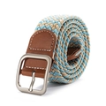 Elastic braided waist belt in light blue and beige with a square silver buckle - Beige Blue