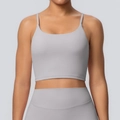 Front view of light grey sports bra with thin straps and matching high waist yoga pants - S / Tops / Frost Grey