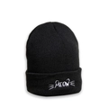 Detail of the white MEOW embroidery with cat ears on a black ribbed knit beanie hat - M (56-58cm) / Black