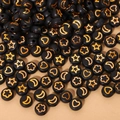 Acrylic black round beads with gold moon and star patterns for DIY jewelry making - 4x7mm Black With Gold Star Moon (100pcs)