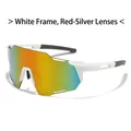 Detail of white cycling sunglasses featuring red mercury gradient one-piece sport lens - White Frame Red Mirrored Lens