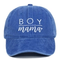 Distressed blue cotton baseball cap with white BOY mama embroidery and 6-panel design - Adjustable / Sapphire Blue