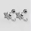 Star and moon stud earrings with zircon inlay in silver-plated finish for women - Silver Star Dangle Moon