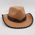 Camel western cowboy hat with studded leather band and bronze longhorn bull accent - One Size(56-58cm) / Camel Black Edge (Gold Bull)