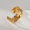Golden wide geometric hollow ring with diamond lattice texture on white display - Gold Rhombus Pattern (R742-A)