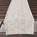 White linen Christmas table runner with gold and silver snowflakes on wood table - 33*183cm / ZQ04-8 (White Gold Silver Snow)