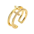 Detailed macro of gold double-layer cross ring with sparkling cubic zirconia settings - Adjustable Open / Double Layer Cross / Gold