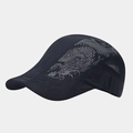 Detail of black breathable mesh side panel and silver dragon print on quick-dry flat cap - Adjustable / Dark Blue
