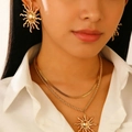 Vintage golden sunburst jewelry set with layered necklace and matching stud earrings - Gold Sun Jewelry Set (Studs + Necklace) (10856)