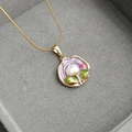 Vintage Monet garden pendant necklace with purple enamel and pearl on velvet display - Tulip Necklace-Purple 0370Z