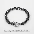 Double-layered 19cm titanium steel bracelet with cuban chain and toggle clasp - 19cm (Fits 55-65kg) / Black and Silver