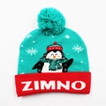 Winter knit hat in blue and red featuring penguin patterns and a colorful pompom - Hat Style 5 (Cyan Red Penguin)