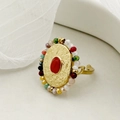 Detail of vintage 14K gold-plated ring featuring a red oval gemstone and beaded border - Adjustable Open / Hammered Red Stone Colorful Beads(R0123-02)