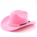 Detail of pink faux suede cowboy hat featuring elegant pearl trim and wide brim design - M (56-58cm) / Magenta