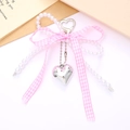 Pink plaid bow and white pearl chain keychain with silver heart pendant on soft background - Fabric Pearl Bow Pendant (K1840) / Pink (K1840)