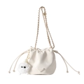 White drawstring bucket bag with gold chain strap and cute plush charm pendant - White With Pendant
