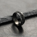 Men's black stainless steel spinner ring with rotating Cuban chain and gear edges - Black-Black Chain