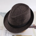 Klassischer Herren-Jazz-Fedora-Hut mit braun-schwarzem Streifenmuster und schwarzem Band - Einheitsgröße 58cm / Kaffee Twill