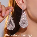Close-up of sparkling long teardrop fringe earrings with multi-row rhinestone mesh - Teardrop Grid Style (JXER202) / Silver
