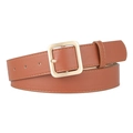 Classic brown PU leather belt for women with a polished gold square metal buckle - Camel