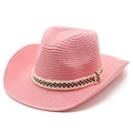Detail eines rosa Stroh-Cowboyhuts mit kariertem Band und Fransen am Rand - M (56-58cm) / Wassermelonenrot