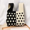Knitted knot handbag featuring black and white polka dot patterns and thick cotton texture - Double-tone Polka Dot Beige And Black