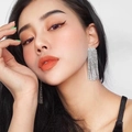 Elegant long silver tassel earrings with sparkling rhinestones on model's side profile - KE005S-W Statement Large Size