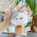 Detailed view of the soft plush cat keychain with metallic bead chain and grey fur texture - Metal Bead Chain / Grey Patchwork (Mushroom Hat)