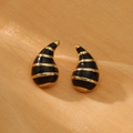 Elegant water drop earrings with black and gold striped pattern on golden silk fabric - Black Gold Striped (NMSE-D721-3)