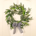 Artificial white berry willow leaf wreath with black white buffalo plaid bow for door - White Berries Willow Leaves Black & White Plaid Bow Wreath