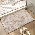 Absorbent chenille bath mat in beige and light brown abstract pattern on wood floor - Cloud Brown Marble