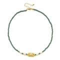 Bohemian turquoise beaded necklace featuring a gold Evil Eye rectangular pendant - Blue-Green Beads - Gold Rectangular Pendant