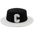 Flat top straw hat with black crown, white brim and embroidered 'C' logo for summer sun protection - M (56-58cm) / White and Black Patchwork with White Letter C