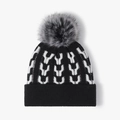 Berretto invernale in maglia bianco e nero con motivo a catena e pompon in finta pelliccia - Taglia unica / Nero (24B025)