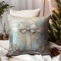 Luxury Christmas pillow cover with light blue gift box and golden lace floral pattern - TQDS68-38(White Bow Gift Box)